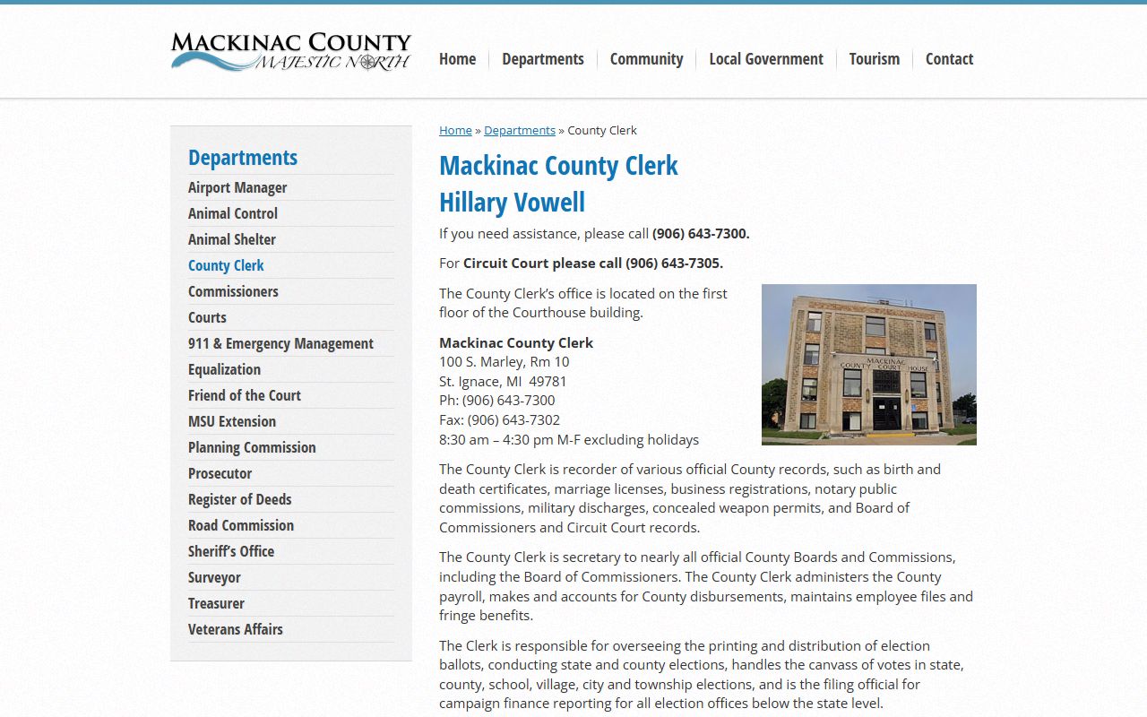Mackinac County inmate record FOIA and county clerk information