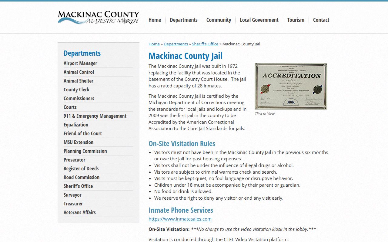 Mackinac County Jail inmate population and visitation information